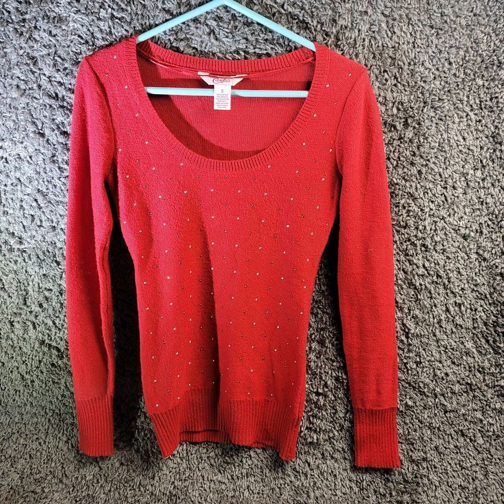 Candies Sweater Womens Small Red Sparkly Long Sleeve Shirt‎